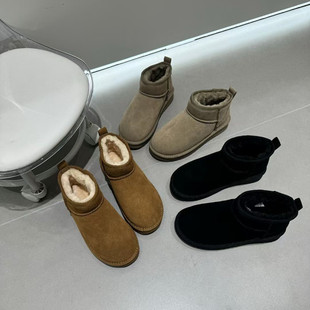 冰洁女鞋2024冬季新款雪地靴真皮磨砂皮平跟圆头软底保暖短筒靴潮