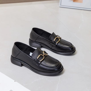 冰洁女鞋2024冬季款乐福鞋真皮低跟粗跟加绒圆头软底休闲鞋89-11