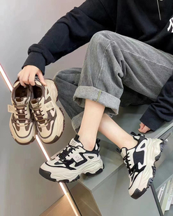 冰洁女鞋2024冬季款运动鞋真皮平跟厚底松糕鞋加绒休闲鞋断码特价