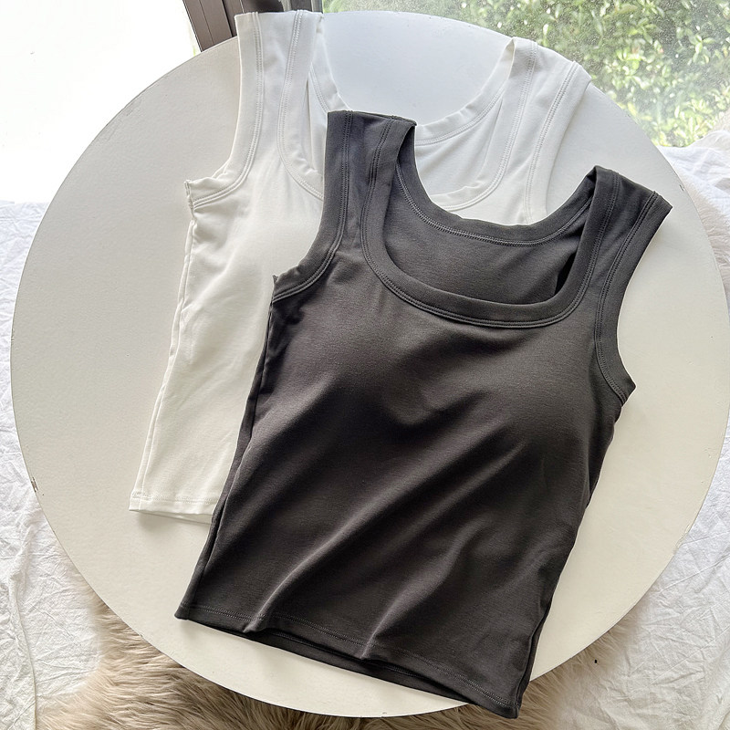 方领小吊带背心夏季修身显瘦遮副乳无袖带胸垫一体短款上衣外穿