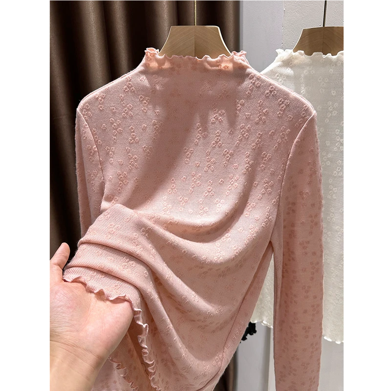半高领打底衫女秋冬新款软糯内搭薄款宽松上衣木耳边针织提花蕾丝