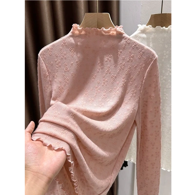 半高领打底衫女秋冬新款软糯内搭薄款宽松上衣木耳边针织提花蕾丝