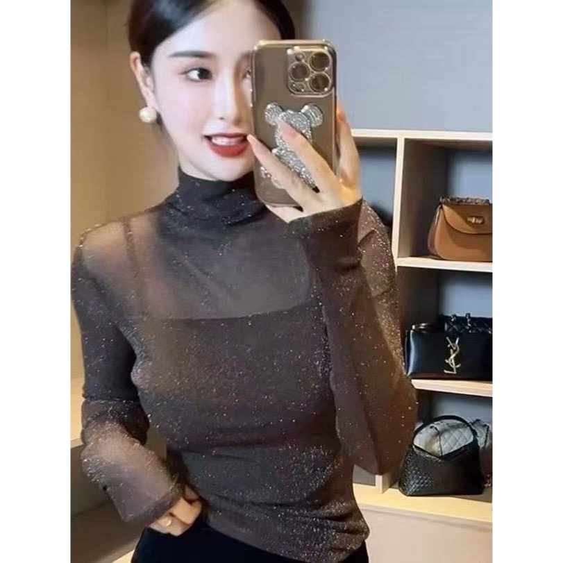 网纱半高领打底衫女2025春秋新款修身洋气内搭长袖t恤亮片上衣女
