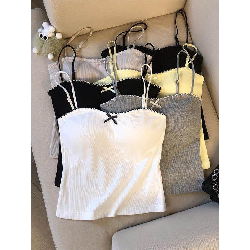 蝴蝶结装饰白色吊带背心女夏季外穿打底带胸垫内搭一字领抹胸上衣