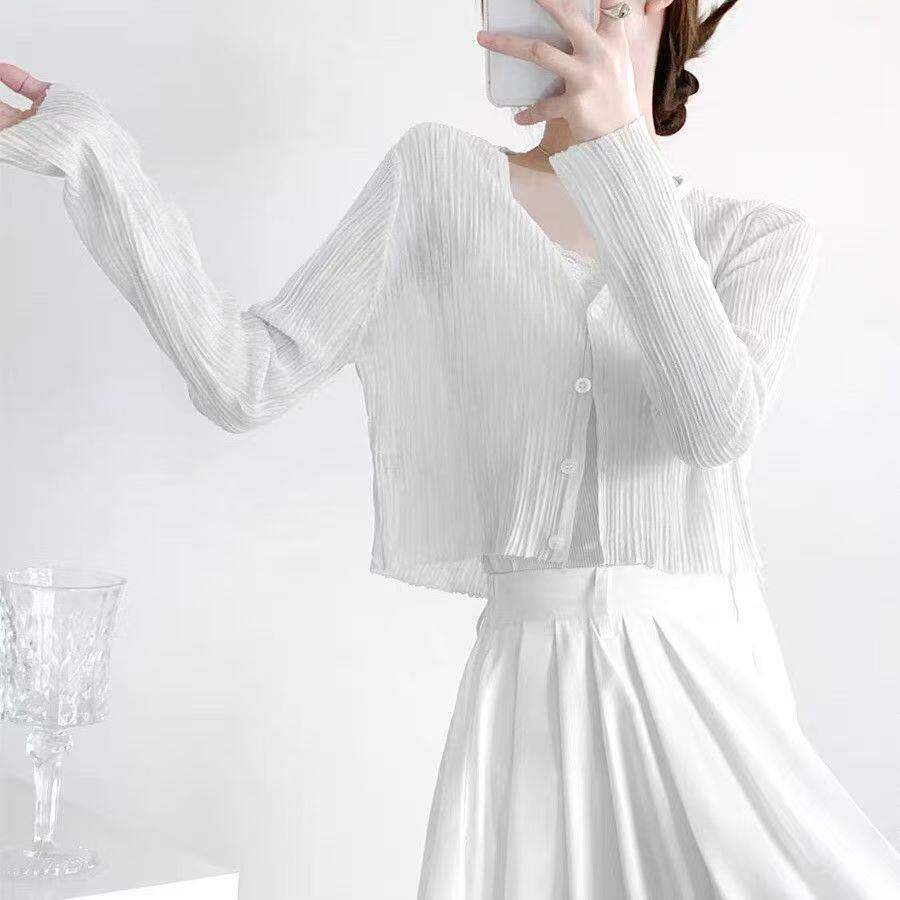 通勤风V领长袖开衫女薄款防晒罩衫短款外搭上衣