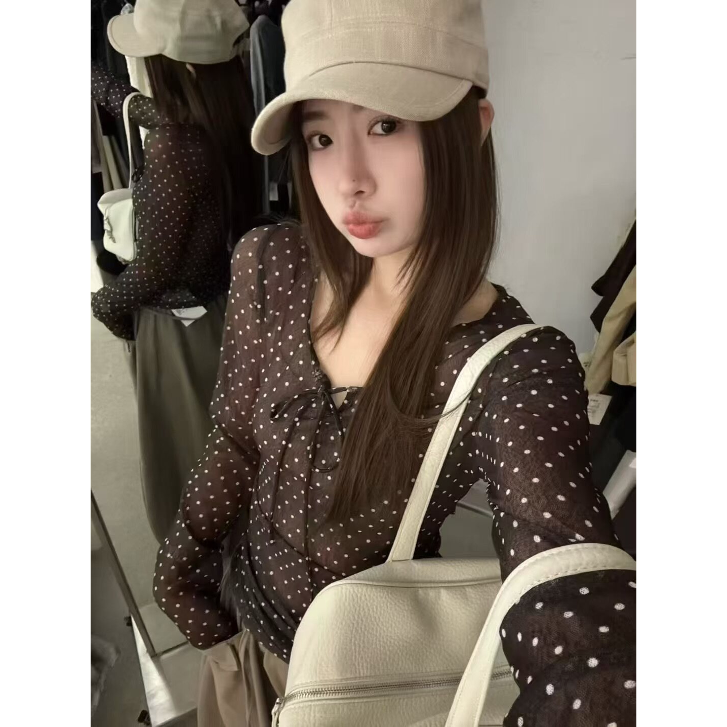韩版波点网纱长袖T恤女2026秋季新款圆领系带修身显瘦打底衫上衣