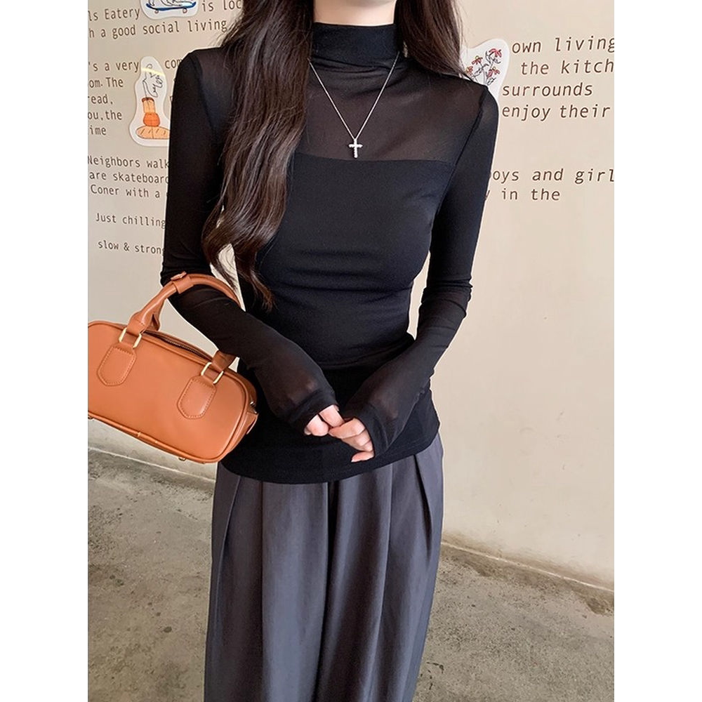 琳煌半高领蕾丝打底衫女秋冬内搭2025新款纯色网纱雪纺衫t恤上衣
