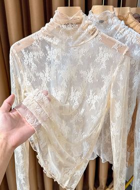 灰色高领叠穿蕾丝打底衫女2025新款秋冬木耳边网纱内搭纱衣高级感