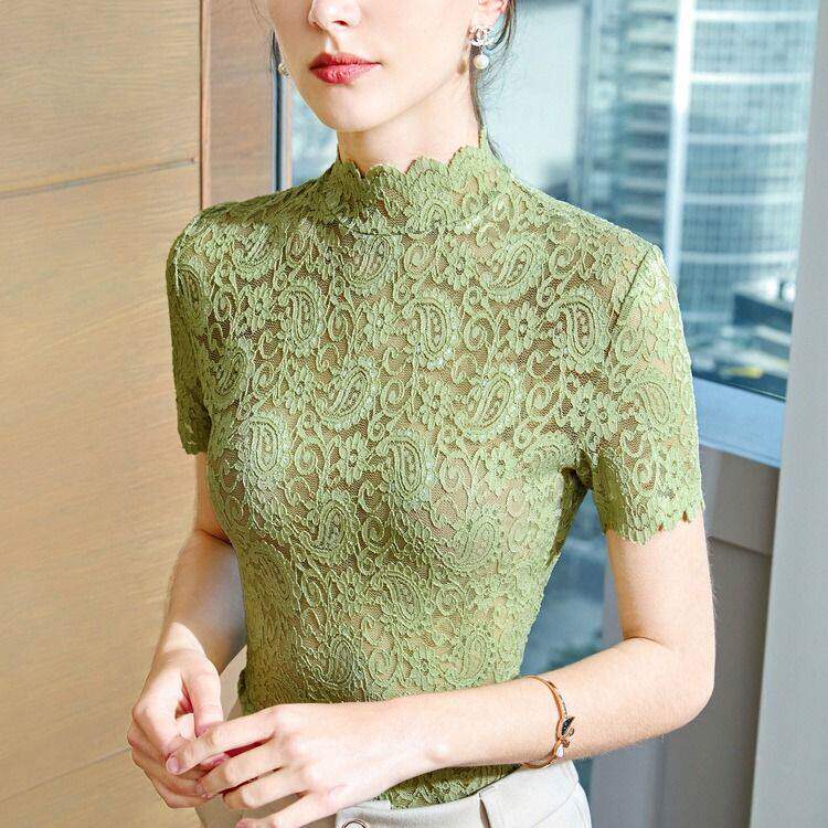 蕾丝上衣女夏2024新款潮短袖内搭镂空大码半高领立领欧货打底衫