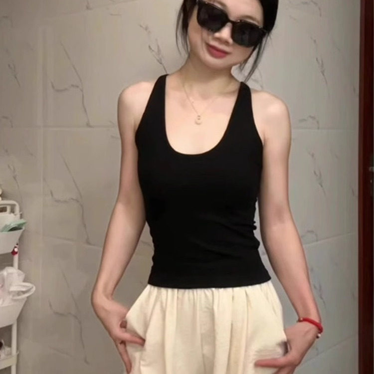 洋气独特别致港风复古挂脖带胸垫吊带背心女新款黑色美背文胸一体