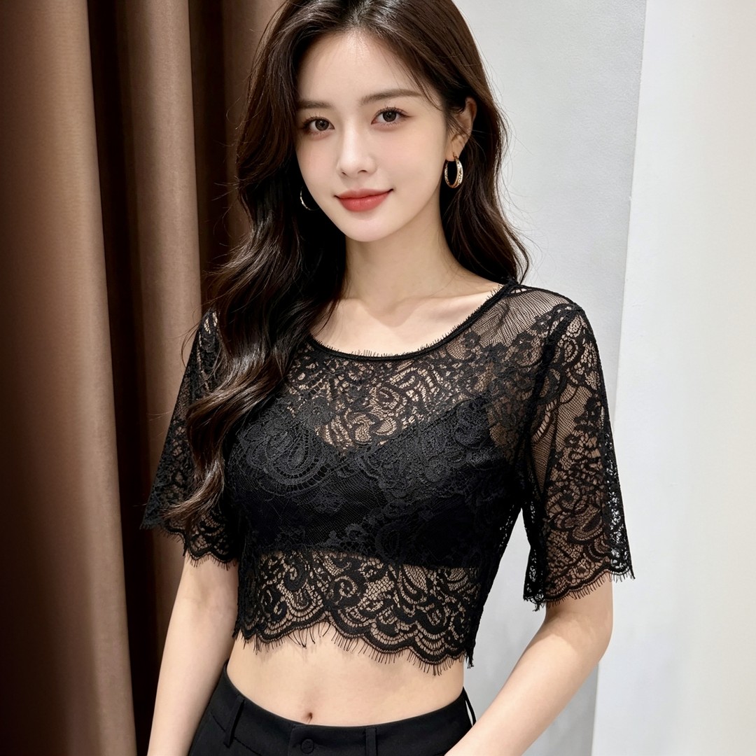 纯欲辣妹短袖T恤女夏天外穿薄纱蕾丝镂空防晒罩衫法式高级感上衣