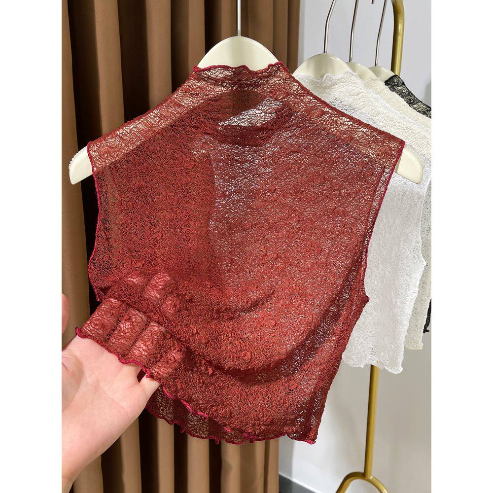 安可拉红蕾丝假领子百搭女高档无袖背心打底衫女高领毛衣内搭纱衣