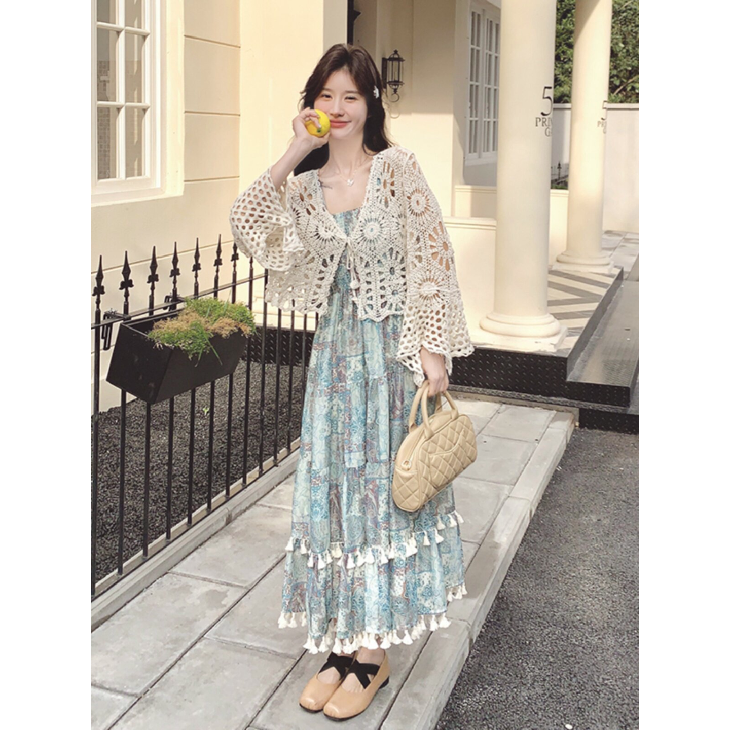 波西米亚穿搭连衣裙套装女2025春季新款镂空开衫印花吊带裙两件套