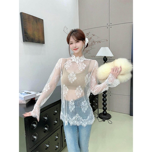 2026春夏中长款睫毛蕾丝上衣女白色透明小衫高级内搭薄纱衣打底衫
