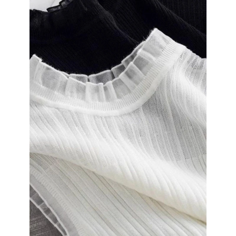 网纱半高领针织小吊带背心女内搭打底衫无袖短款上衣外穿蕾丝毛衣