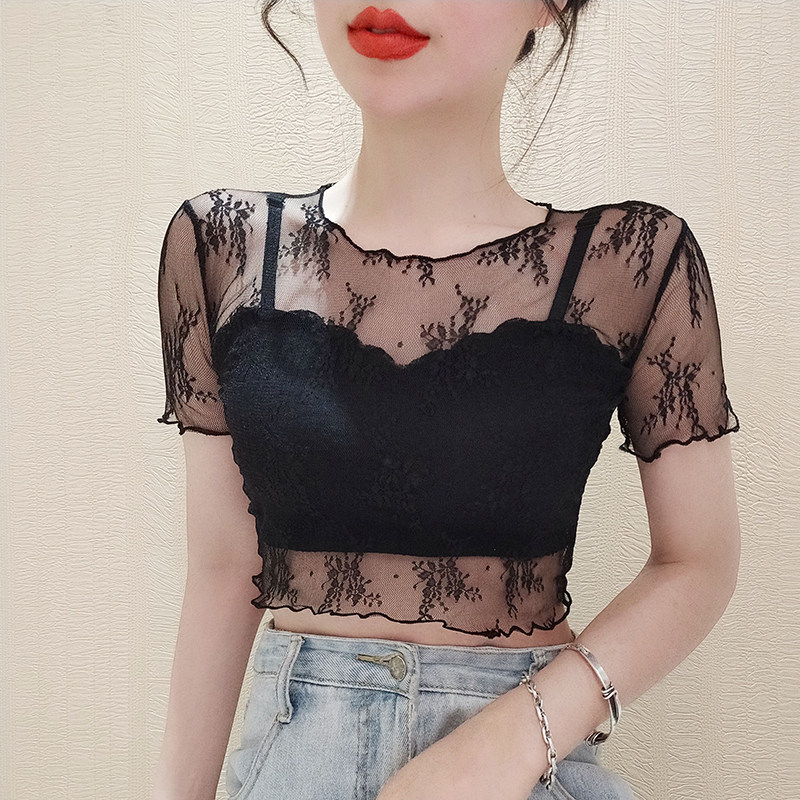 吊带裙内搭短袖女蕾丝打底衫防走光木耳边纱衣透视网纱短款上衣夏