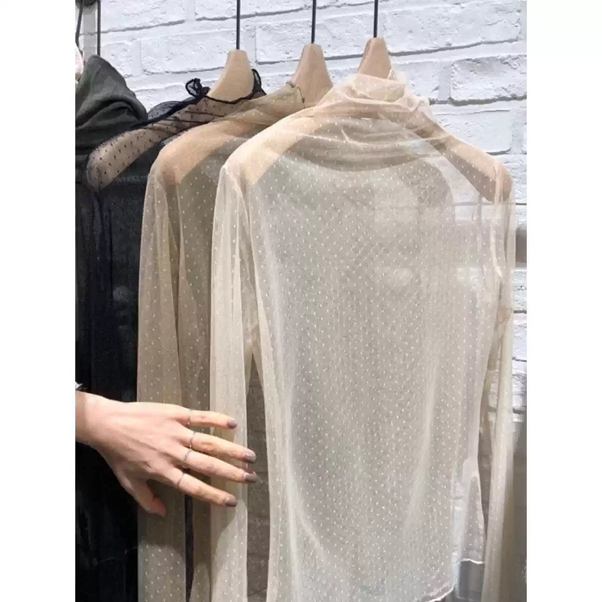 韩国东大门秋新款波点网纱t恤韩版叠穿高领显瘦长袖内搭打底衫女
