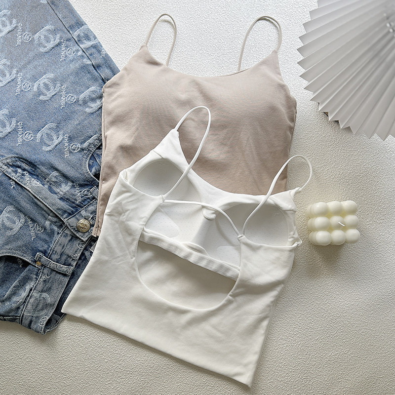 美式辣妹黑色美背露背吊带背心夏季外穿带胸垫短款细带无袖上衣