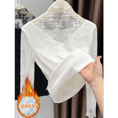 加绒加厚半高领蕾丝打底衫女秋冬洋气木耳边镂空网纱小衫保暖上衣