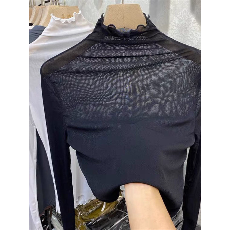 高领蕾丝衫女2026秋季新款简约木耳边网纱上衣性感透视内搭打底衫