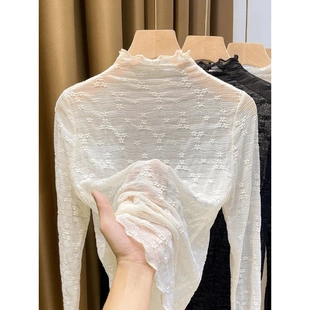 时髦时尚洋气白色网纱打底衫长袖高领蕾丝内搭小衫女薄款2025新款