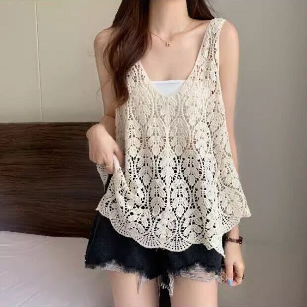 夏季辣妹镂空设计针织马甲外穿女春夏吊带背心无袖罩衫上衣女百搭
