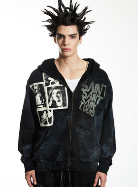 品牌直发 Sssaint Louis 23FW 水洗黑贴补印花拉链帽衫