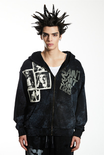 品牌直发 Sssaint Louis 23FW 水洗黑贴补印花拉链帽衫