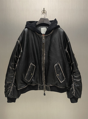 实体现货 Undermycar 牛皮做旧脏染连帽bomber皮衣夹克 金冬天