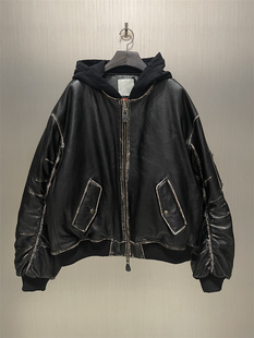 金冬天 牛皮做旧脏染连帽bomber皮衣夹克 实体现货 Undermycar