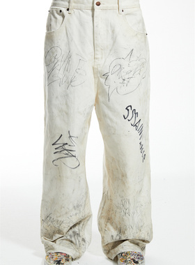 实体现货 Sssaint Louis  脏白手绘涂鸦牛仔裤