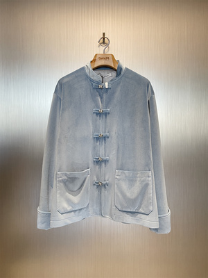 黑粉丝绒拼接唐装夹克