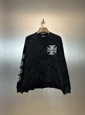 实体现货 Sssaint Louis 做脏破坏长袖T恤街头涂鸦十字星上衣