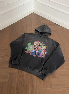 实体现货 False Perception 水洗做旧褪色卡通马里奥连帽衫卫衣