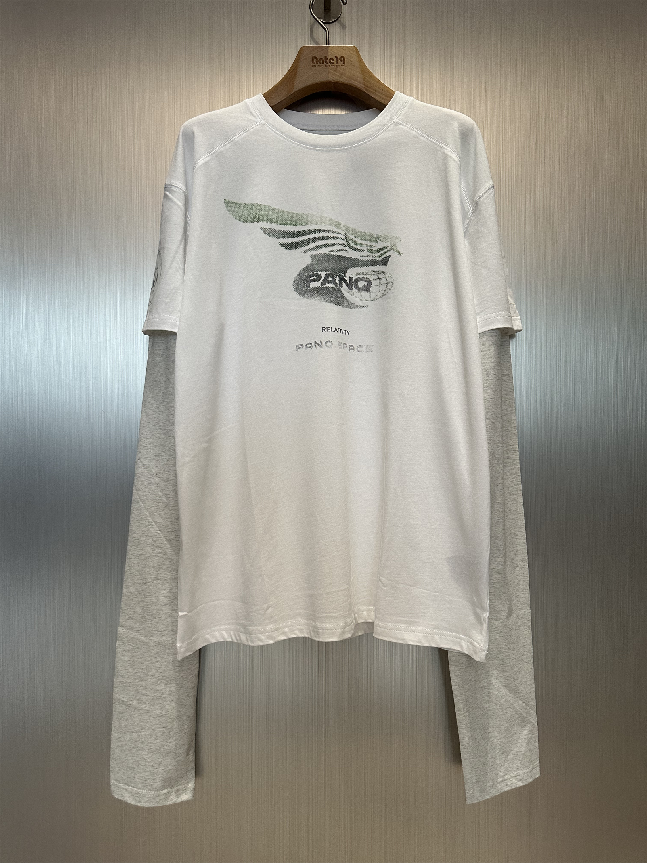 实体现货 Panq 日产做旧假两件翅膀印花超长袖T恤