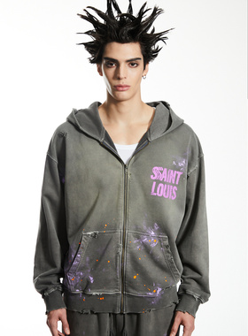 实体现货 Sssaint Louis 多色水洗涂鸦泼墨logo拉链帽衫