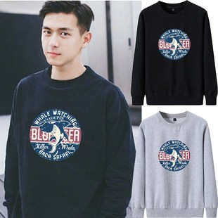 潮牌香港2022秋季男李现同款卫衣黑色卡通印花宽松长袖T恤上衣服