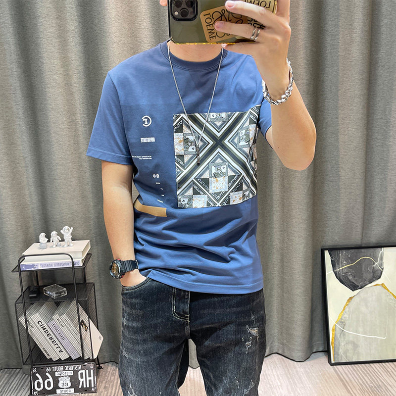 潮牌男夏季新款男士修身半袖潮流印花青年体恤衫男装衣服短袖t恤