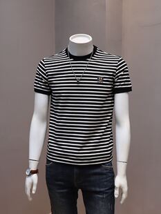 潮牌百搭男士条纹短袖t恤衫时尚夏季新品韩版修身短款半袖上衣