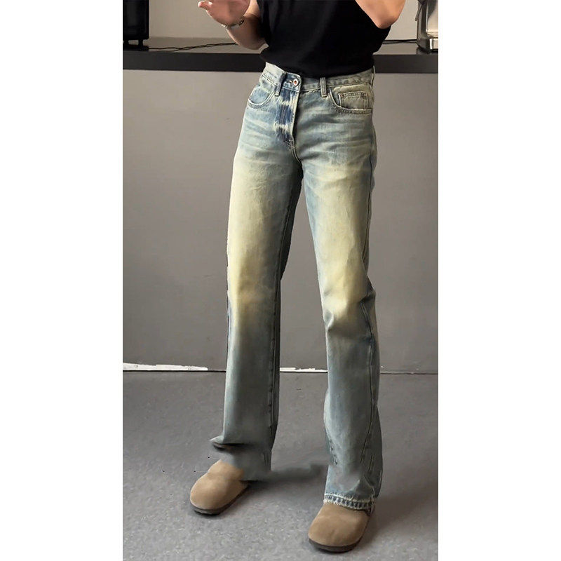 轻奢水洗复古蓝高腰牛仔裤男款美式高街弯刀裤子宽松微喇直直筒裤