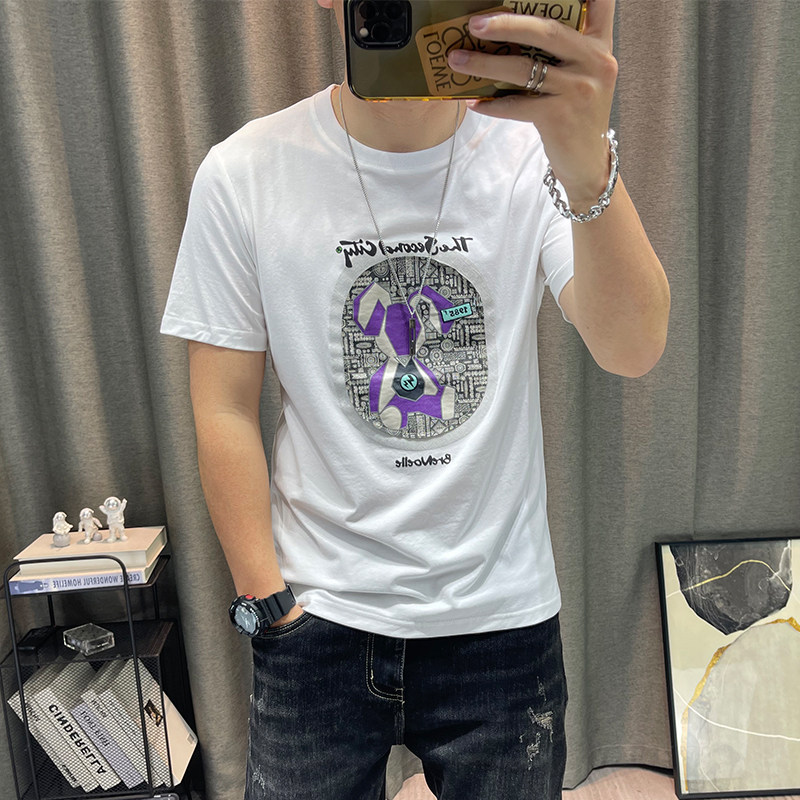 潮牌男夏季新款卡通印花修身纯棉半袖体恤衫高端男装上衣短袖t恤