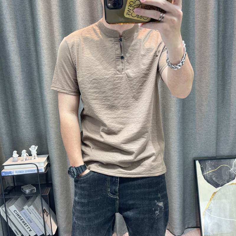 潮牌立领短袖t恤衫男士夏季新款高端纯色天丝棉麻半袖体恤衫男装