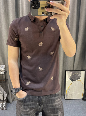 卡通刺绣翻领上衣修身有领t恤衫
