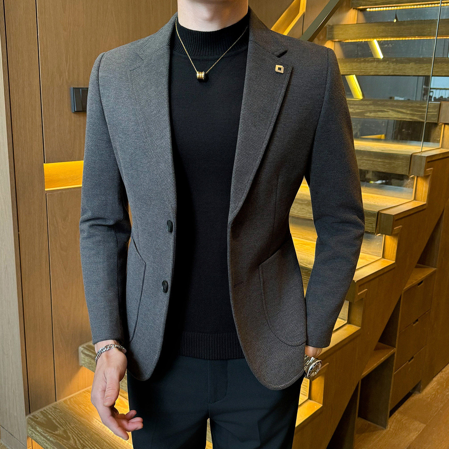 轻奢华夫格男士西装新款春秋季单西外套商务休闲高级感加厚小西服