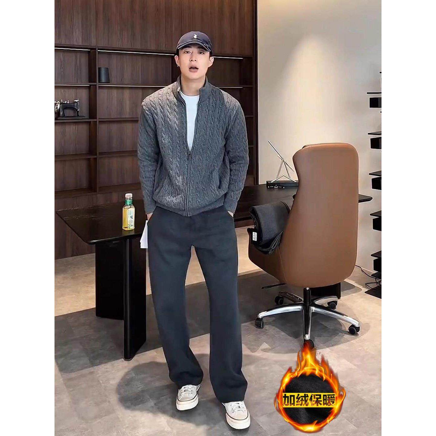 深灰色运动加绒卫裤男款秋冬重磅微喇弯刀裤子cleanfit直筒休闲裤