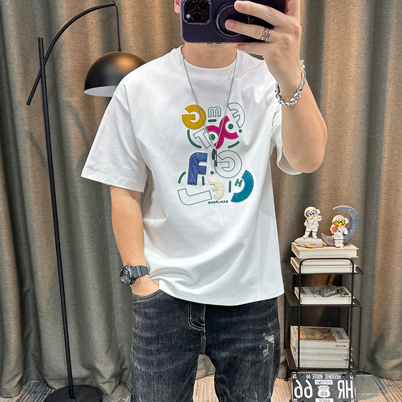 潮牌字母刺绣短袖t恤夏季新款高端男装纯棉半袖宽松百搭体恤衫潮