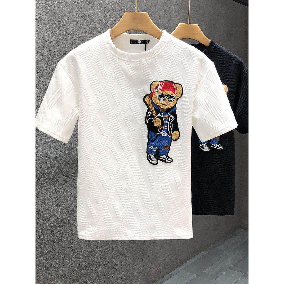 轻奢高级感小熊刺绣短袖t恤男潮牌精神小伙半袖夏季新款男士上衣