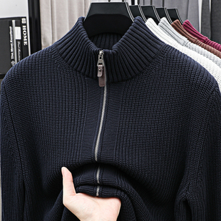 秋冬季 纯色拉链外套加厚 棉质立领抗起球重磅精梳棉毛衣针织男士