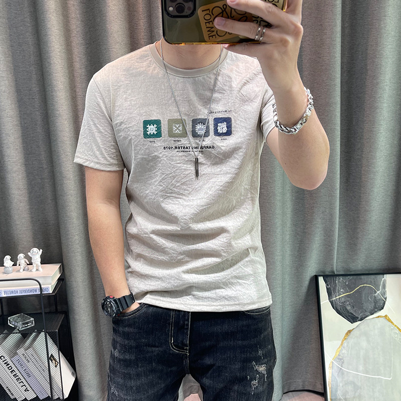 潮牌短袖t恤男夏季新款男士高端天丝棉麻半袖修身体恤衫汗衫男装