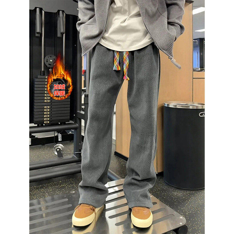 老钱风人字纹卫裤男款秋冬加绒加厚松弛感裤子美式重磅直筒休闲裤